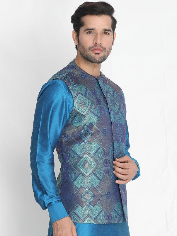 Vastramay Men's Green Silk Blend Ethnic Jacket