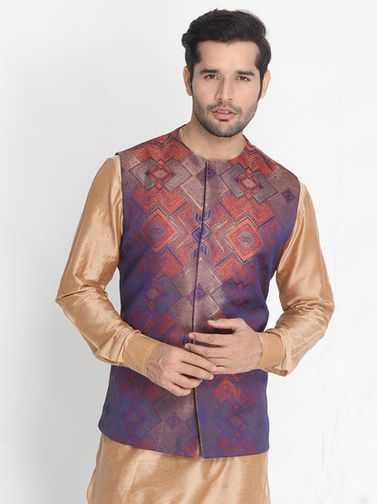 VASTRAMAY Men's Beige Silk Blend Ethnic Jacket