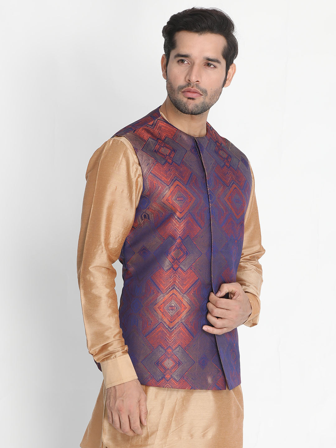 Vastramay Men's Beige Silk Blend Ethnic Jacket