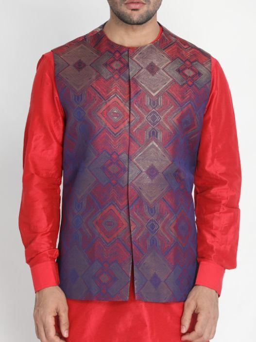 Vastramay Men's Red Silk Blend Ethnic Jacket