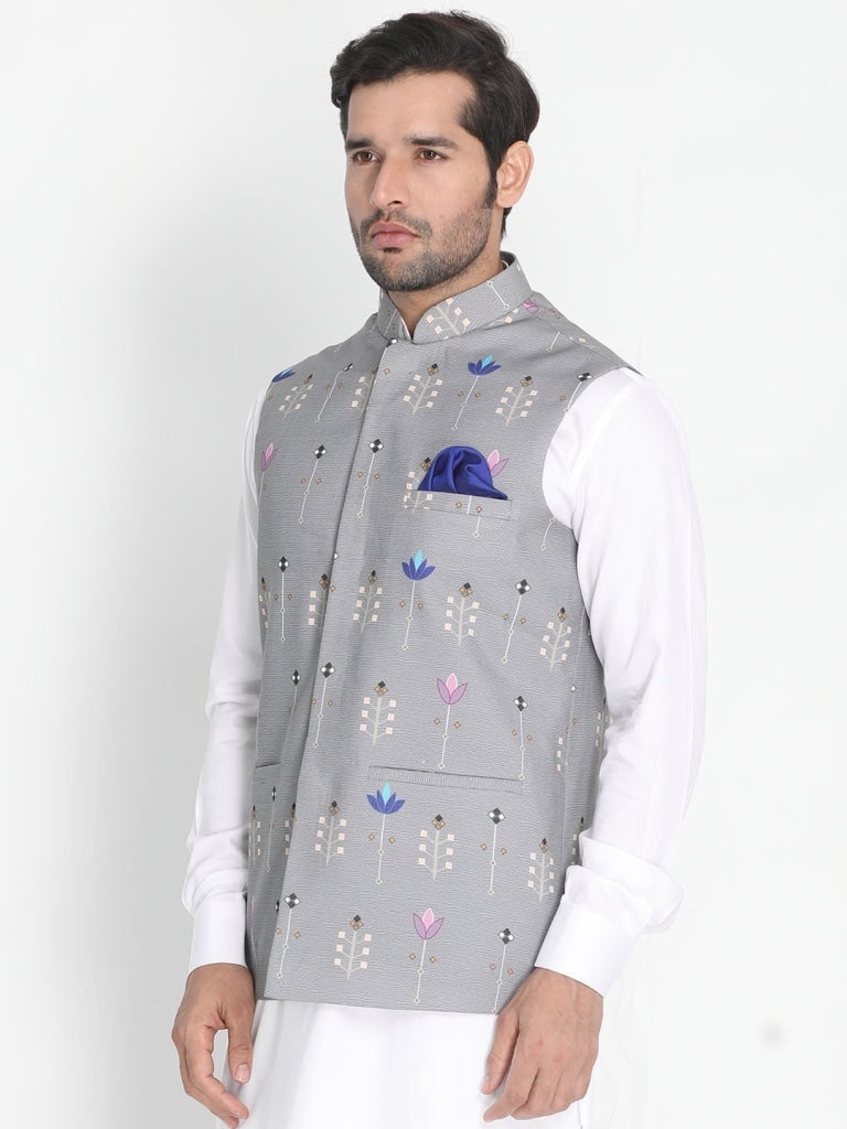 Vastramay Men's Grey Silk Blend Ethnic Jacket