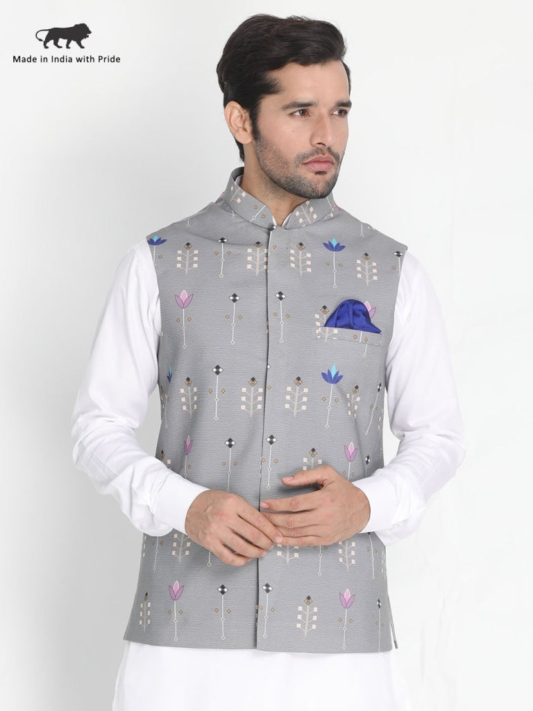 VASTRAMAY Men's Grey Silk Blend Ethnic Jacket