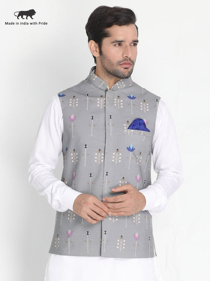 Vastramay Men's Grey Silk Blend Ethnic Jacket