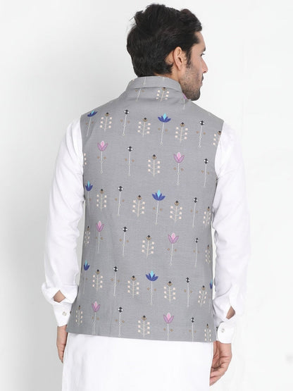 Vastramay Men's Grey Silk Blend Ethnic Jacket