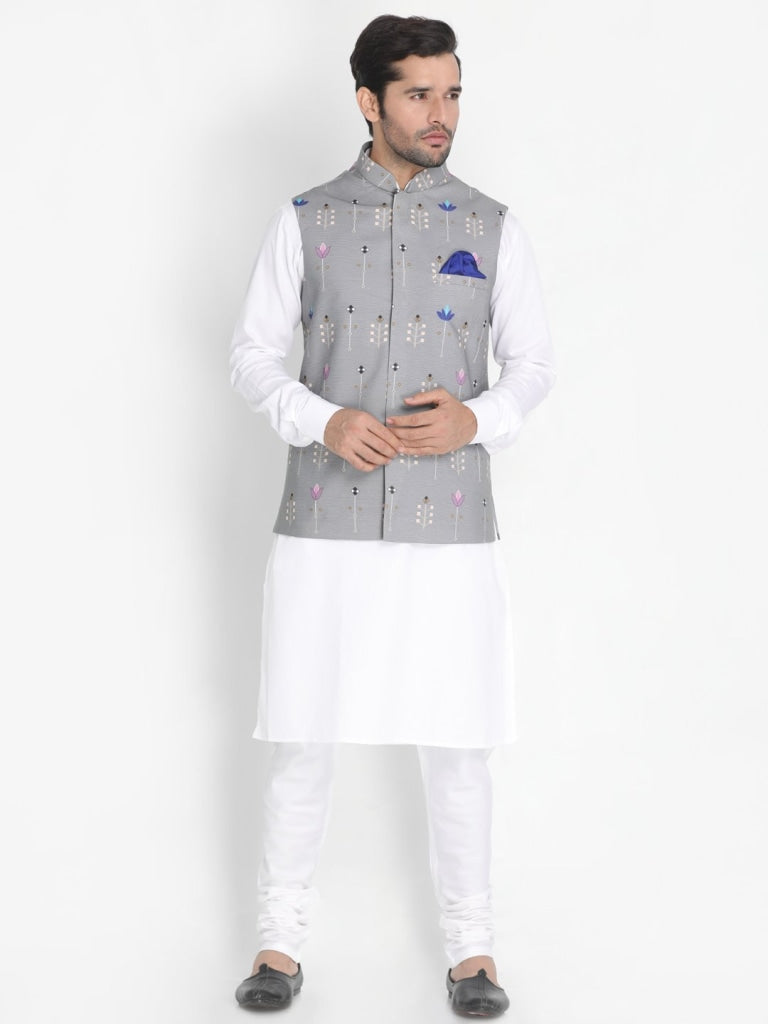 Vastramay Men's Grey Silk Blend Ethnic Jacket