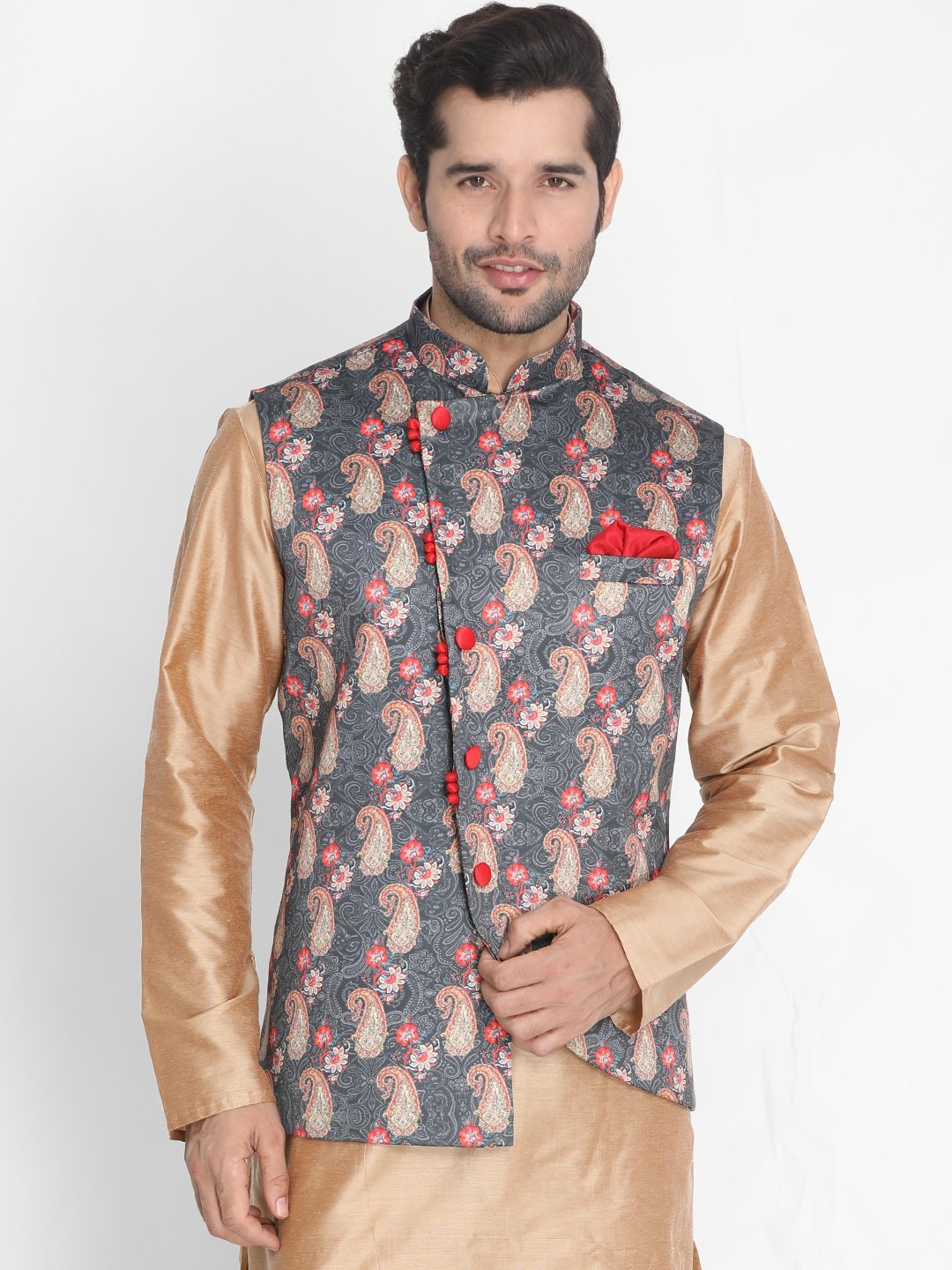 VASTRAMAY Men's Grey Silk Blend Ethnic Jacket