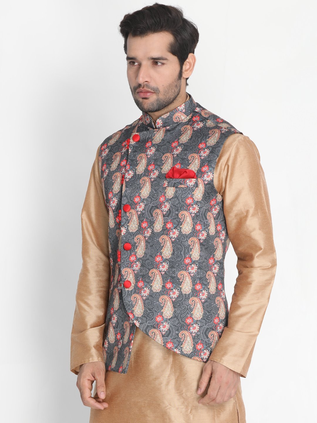 Vastramay Men's Grey Silk Blend Ethnic Jacket