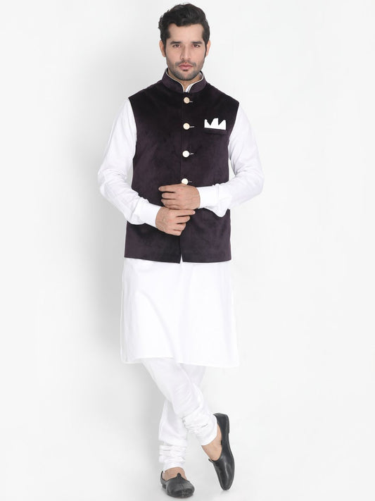 Vastramay Men's White Cotton Blend Kurta, Black Velvet Jacket and Churidar Set