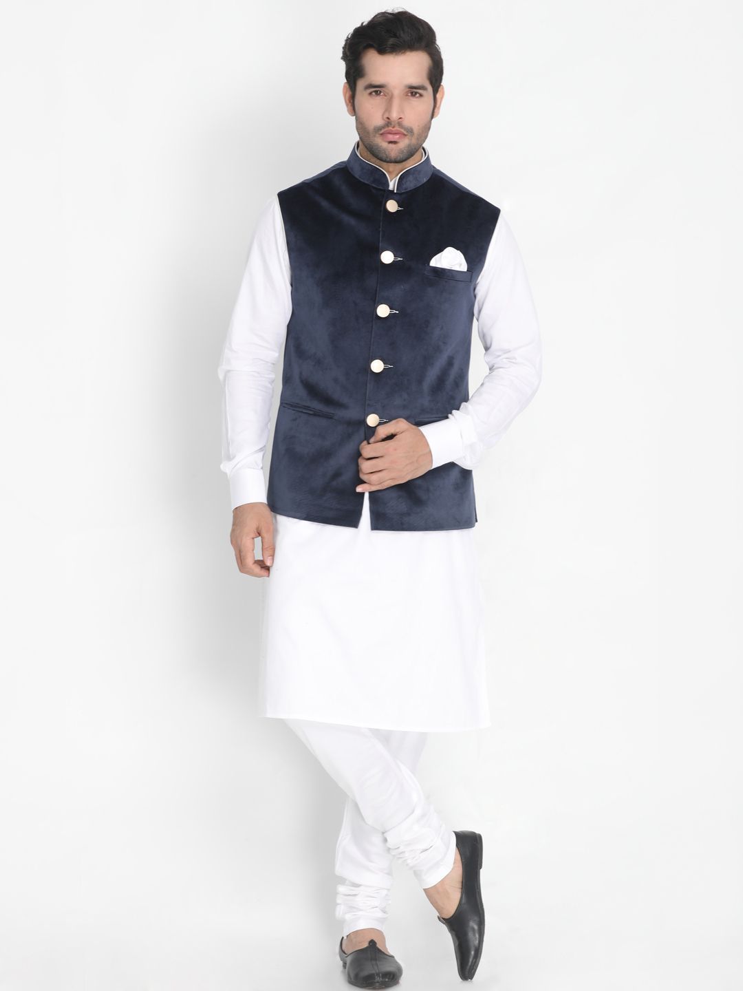 Vastramay Men's White Cotton Blend Kurta, Ethnic Jacket and Churidar Set