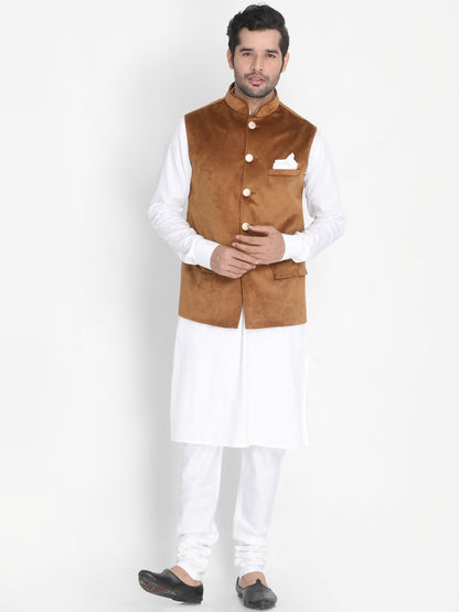 Vastramay Men's White Cotton Blend Kurta, Brown Velvet Jacket and Pyjama Set