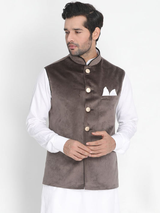 Vastramay Men's Grey Velvet Ethnic Jacket