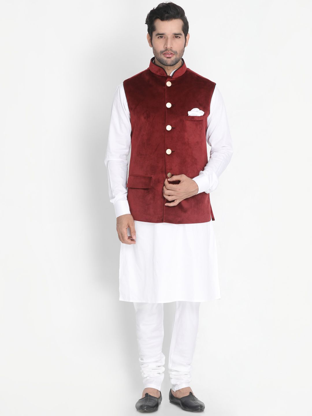 Vastramay Men's White Cotton Blend Kurta, Maroon Velvet Jacket and Pyjama Set