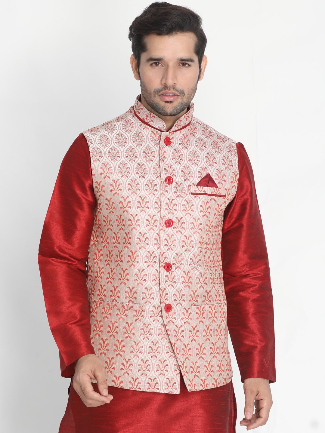 VASTRAMAY Men's Pink Cotton Silk Blend Ethnic Jacket