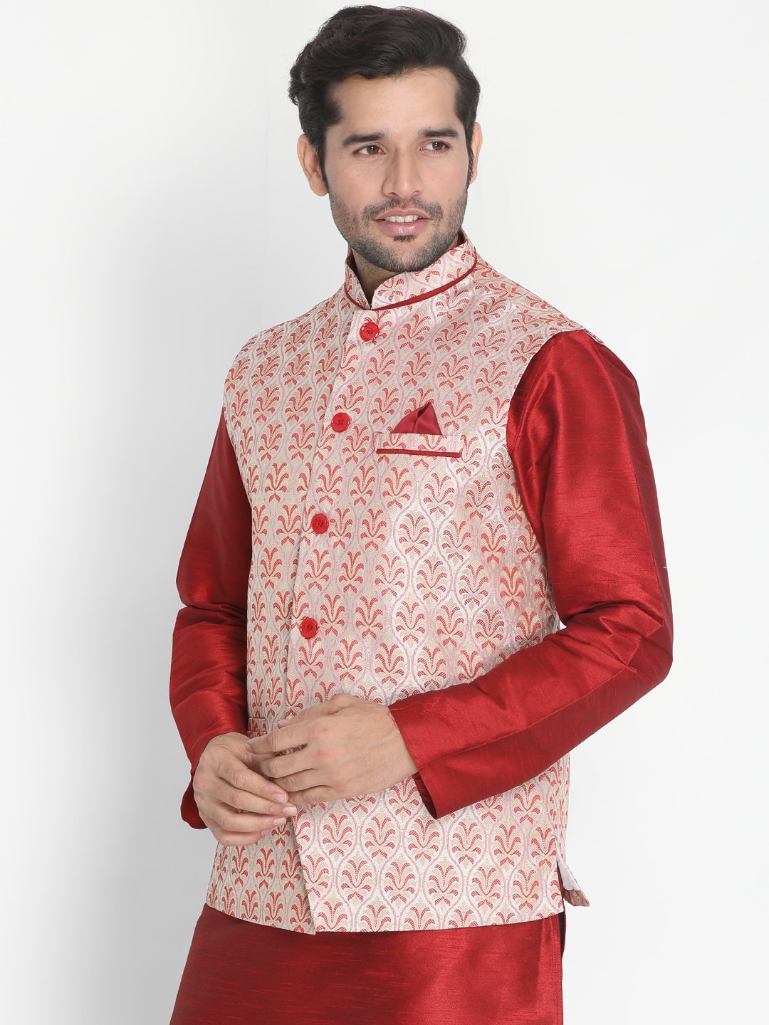 Vastramay Men's Pink Cotton Silk Blend Ethnic Jacket