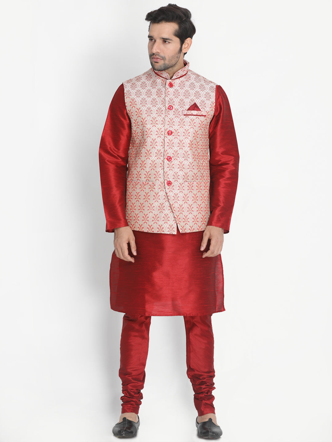 Vastramay Men's Pink Cotton Silk Blend Ethnic Jacket