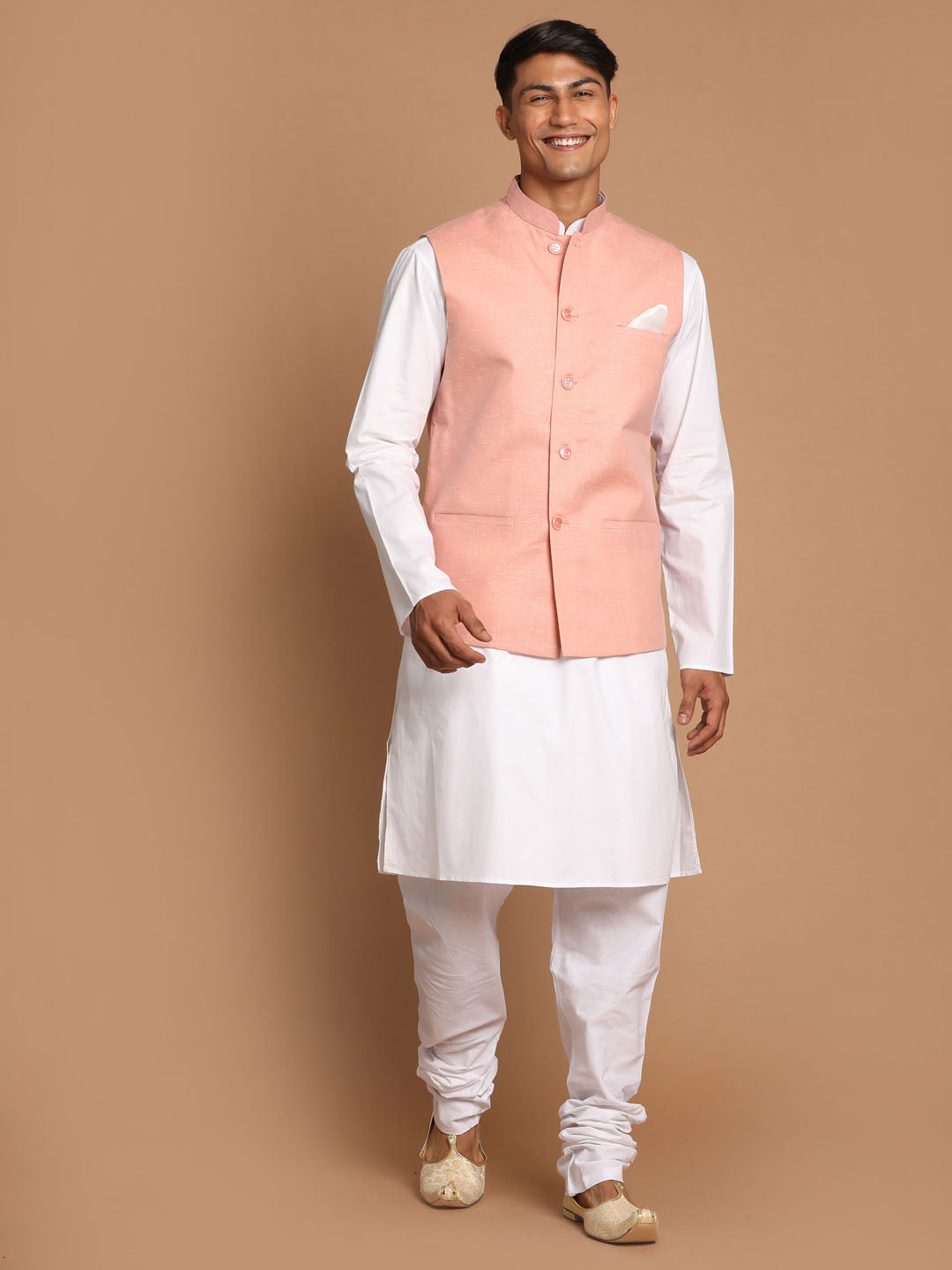 Vastramay Men's White Cotton Kurta, Solid Royal Nehru Jacket and Pyjama Set