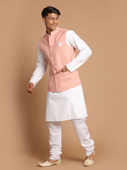 Vastramay Men's White Cotton Kurta, Solid Royal Nehru Jacket and Pyjama Set