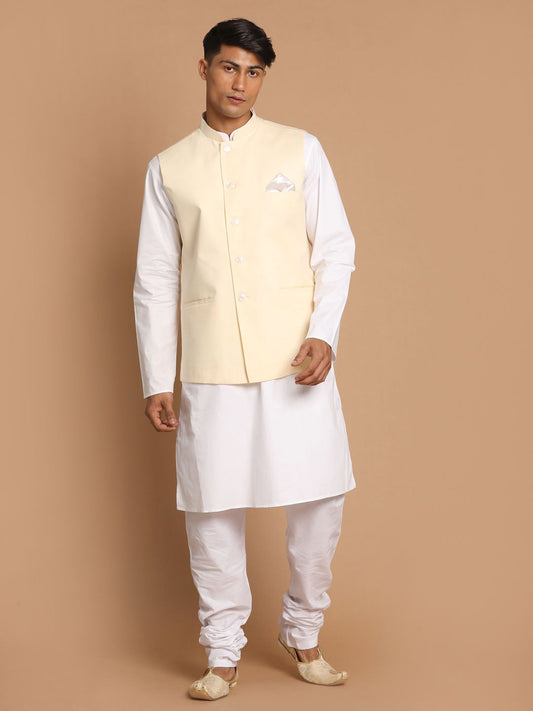 Vastramay Men's White Cotton Kurta, Solid Royal Nehru Jacket and Pyjama Set