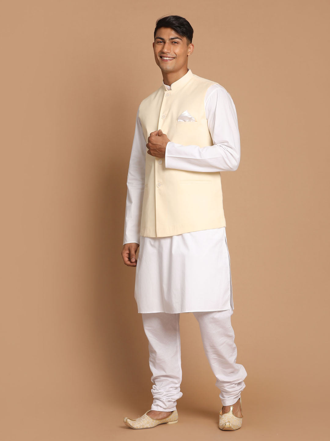 Vastramay Men's White Cotton Kurta, Solid Royal Nehru Jacket and Pyjama Set