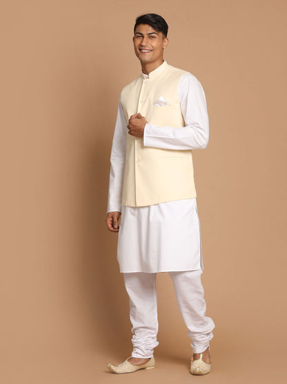 Vastramay Men's White Cotton Kurta, Solid Royal Nehru Jacket and Pyjama Set