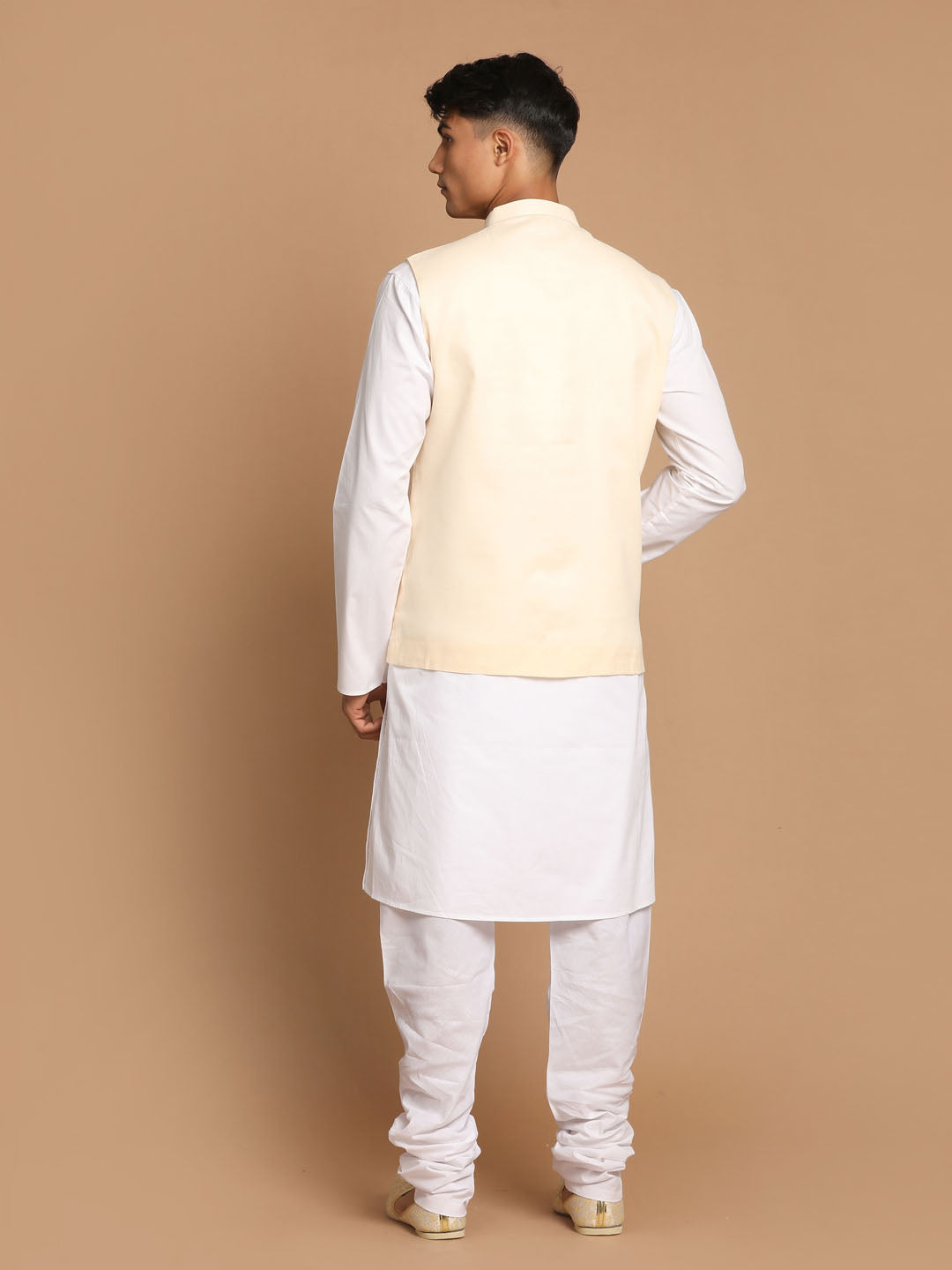 Vastramay Men's White Cotton Kurta, Solid Royal Nehru Jacket and Pyjama Set