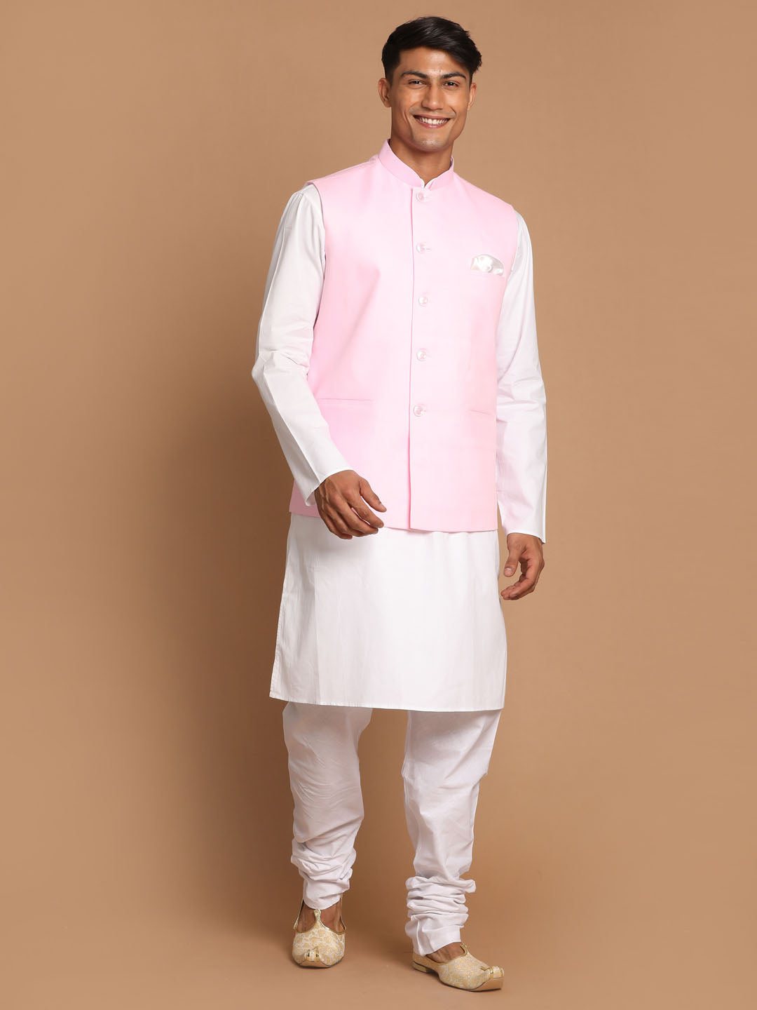 Vastramay Men's White Cotton Kurta, Solid Royal Nehru Jacket and Pyjama Set