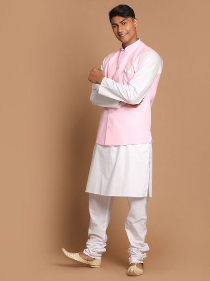 Vastramay Men's White Cotton Kurta, Solid Royal Nehru Jacket and Pyjama Set