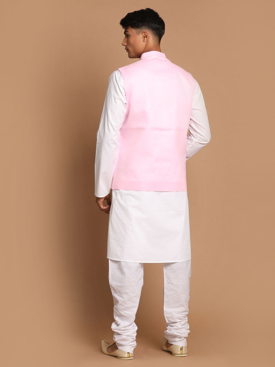 Vastramay Men's White Cotton Kurta, Solid Royal Nehru Jacket and Pyjama Set