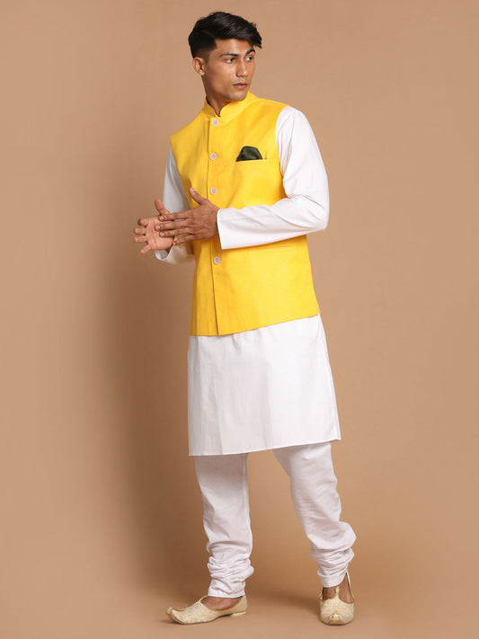 Vastramay Men's White Cotton Kurta, Solid Royal Nehru Jacket and Pyjama Set