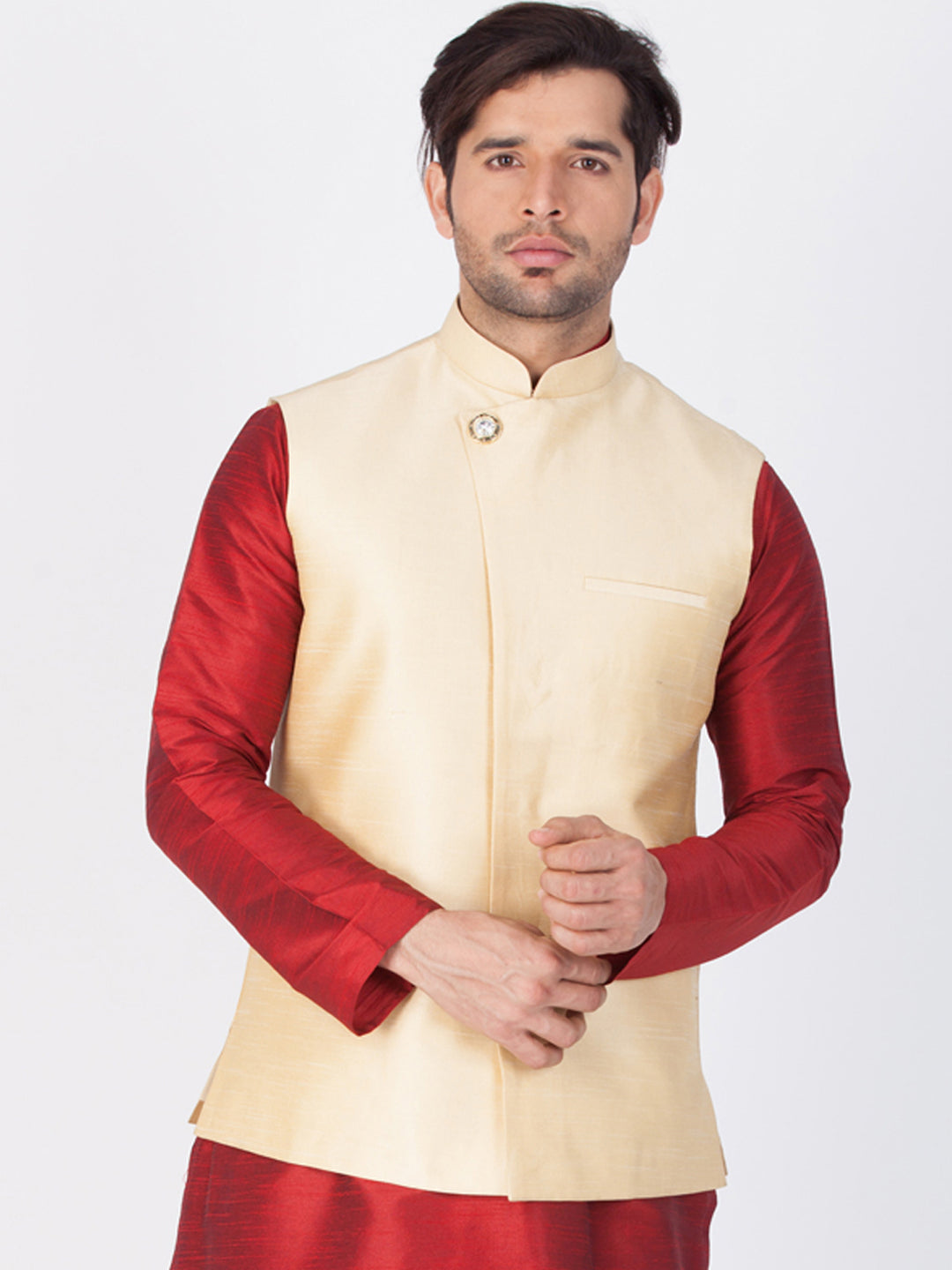 Vastramay Men's Gold Cotton Silk Blend Ethnic Jacket