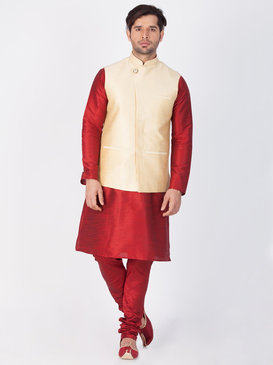 Vastramay Men's Maroon Cotton Silk Blend Kurta, Ethnic Jacket and Pyjama Set