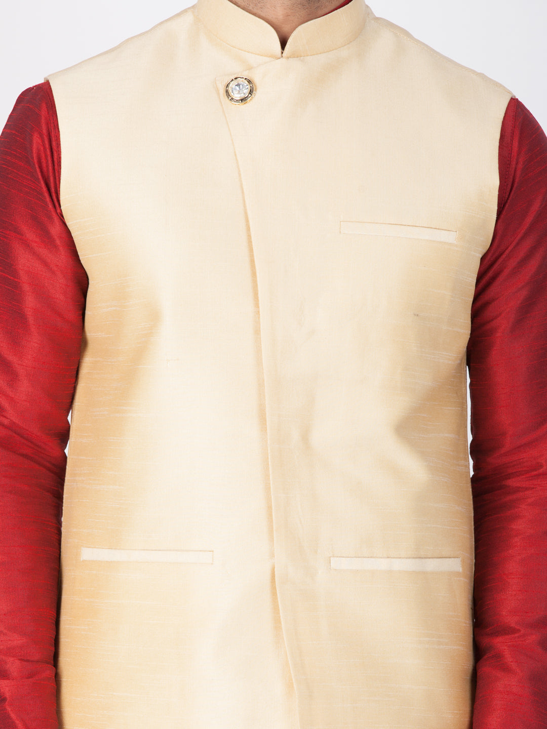 Vastramay Men's Gold Cotton Silk Blend Ethnic Jacket