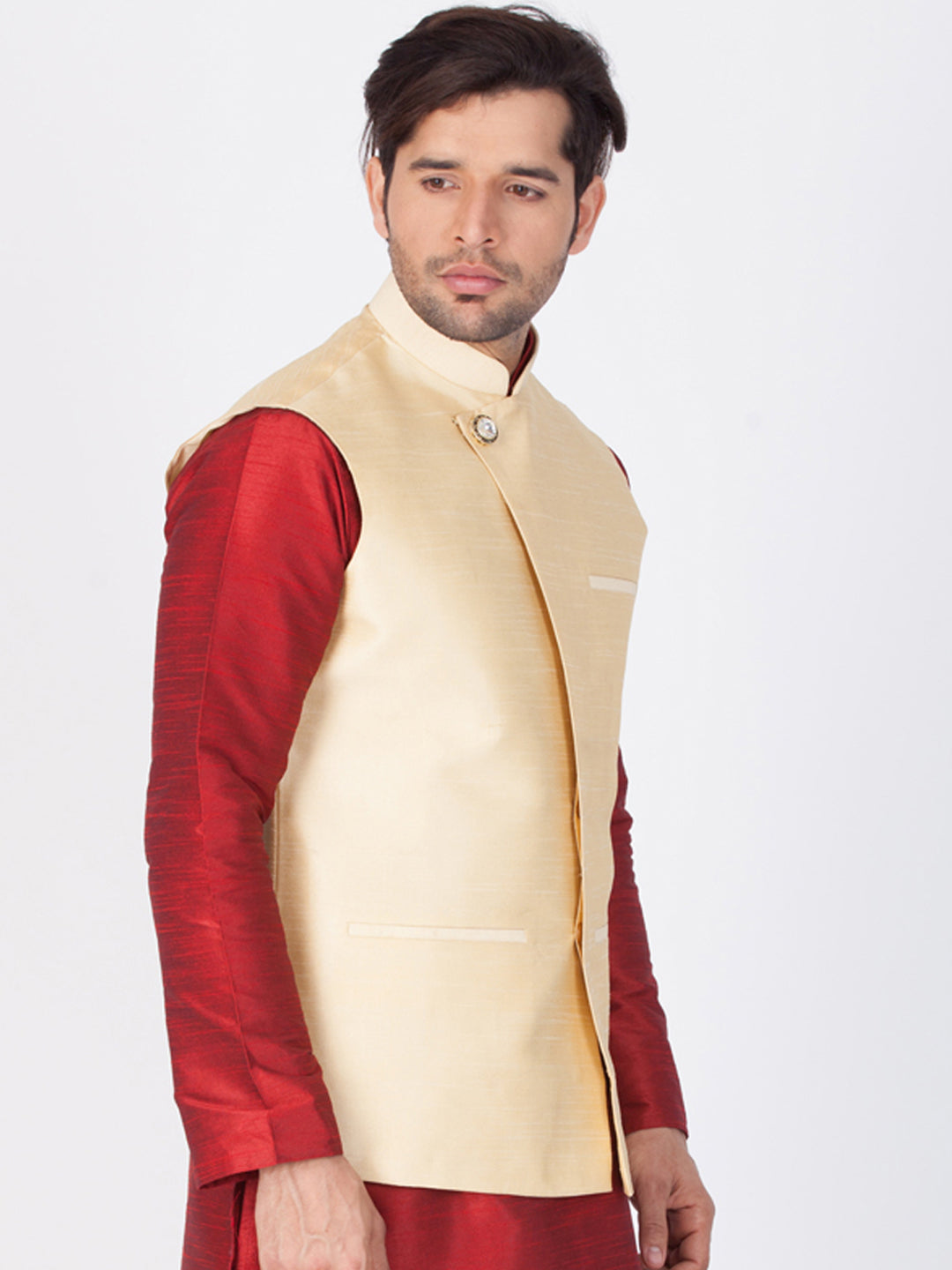 Vastramay Men's Gold Cotton Silk Blend Ethnic Jacket