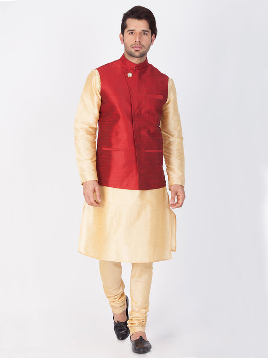 Vastramay Men's Gold Cotton Silk Blend Kurta, Ethnic Jacket and Pyjama Set