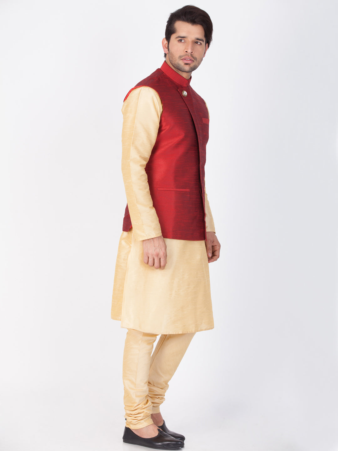 Vastramay Men's Gold Cotton Silk Blend Kurta, Ethnic Jacket and Pyjama Set