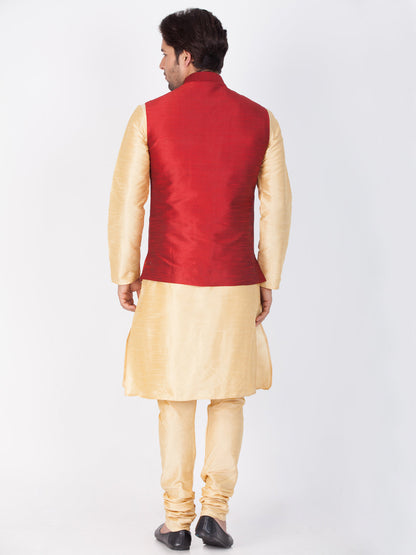 Vastramay Men's Gold Cotton Silk Blend Kurta, Ethnic Jacket and Pyjama Set