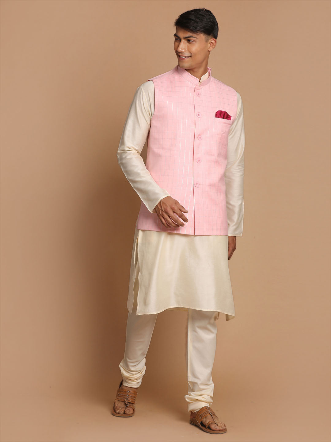 Vastramay Men's Cream Cotton Kurta, Checkered Royal Linen Nehru Jacket and Pyjama Set