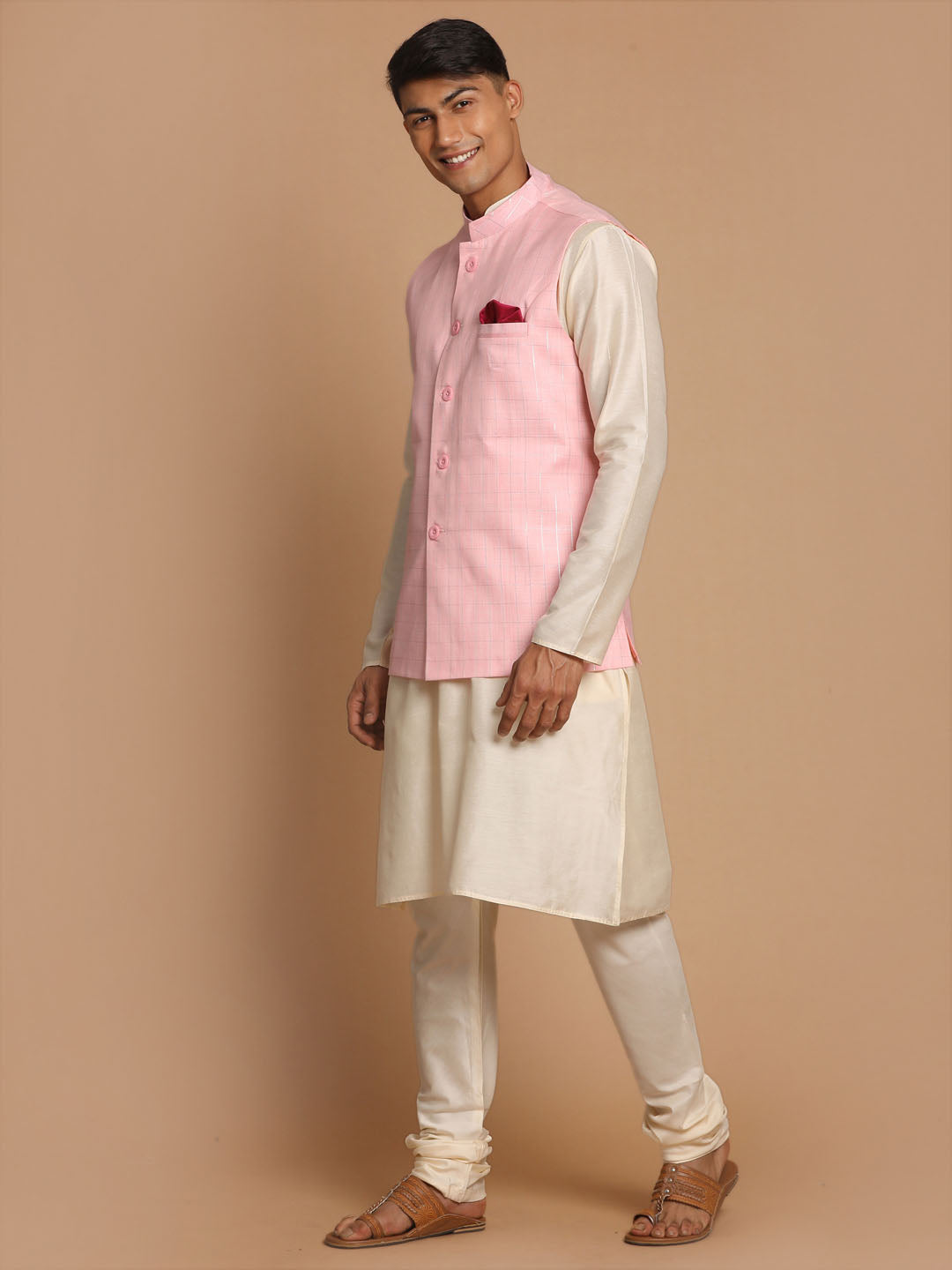 Vastramay Men's Cream Cotton Kurta, Checkered Royal Linen Nehru Jacket and Pyjama Set