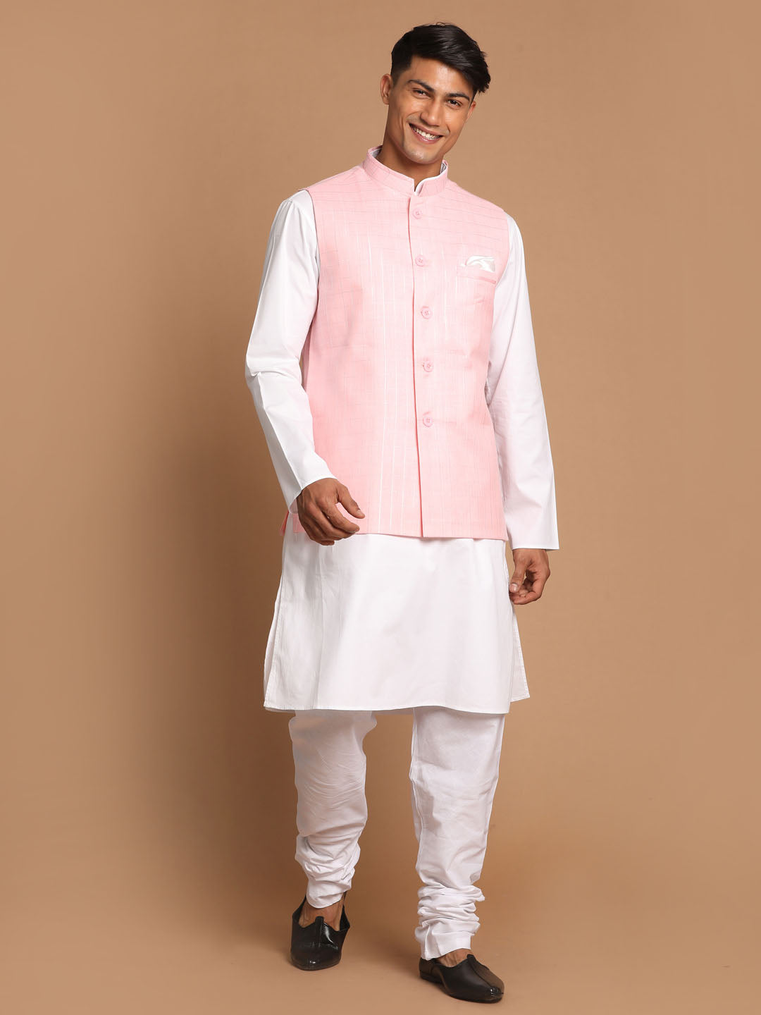 Vastramay Men's White Cotton Kurta, Checkered Royal Linen Nehru Jacket and Pyjama Set