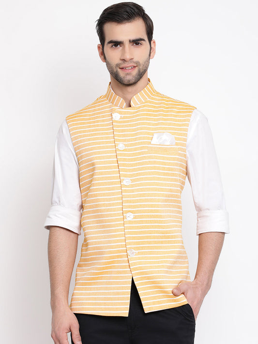 Vastramay  Men's Orange Stripes And Angrakha Pattern Classic Nehru Jacket