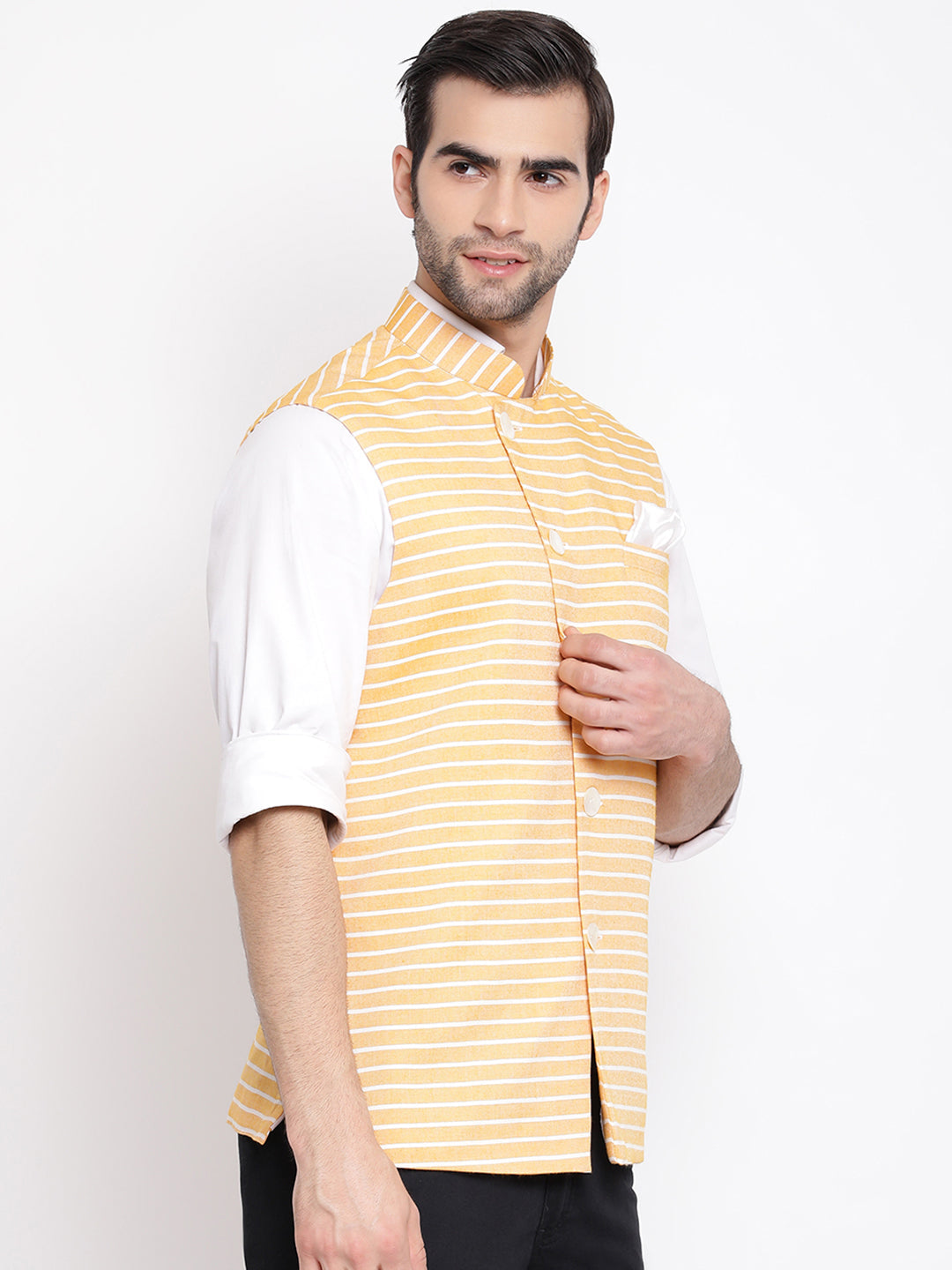 Vastramay  Men's Orange Stripes And Angrakha Pattern Classic Nehru Jacket