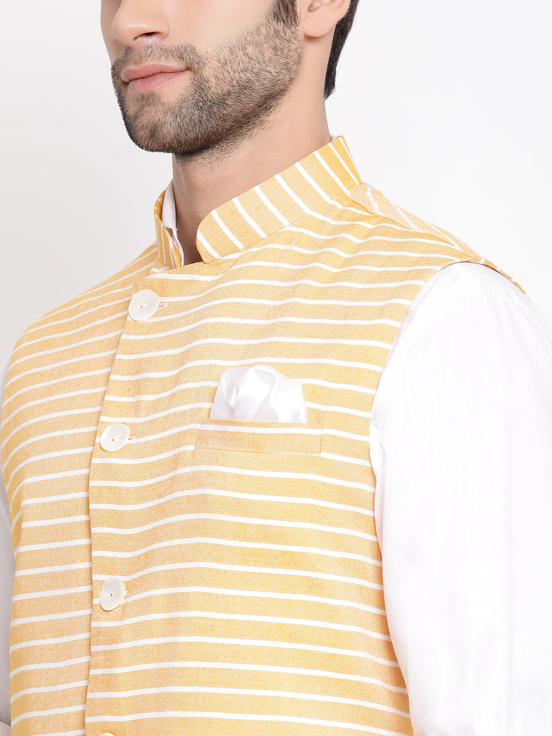 Vastramay  Men's Orange Stripes And Angrakha Pattern Classic Nehru Jacket