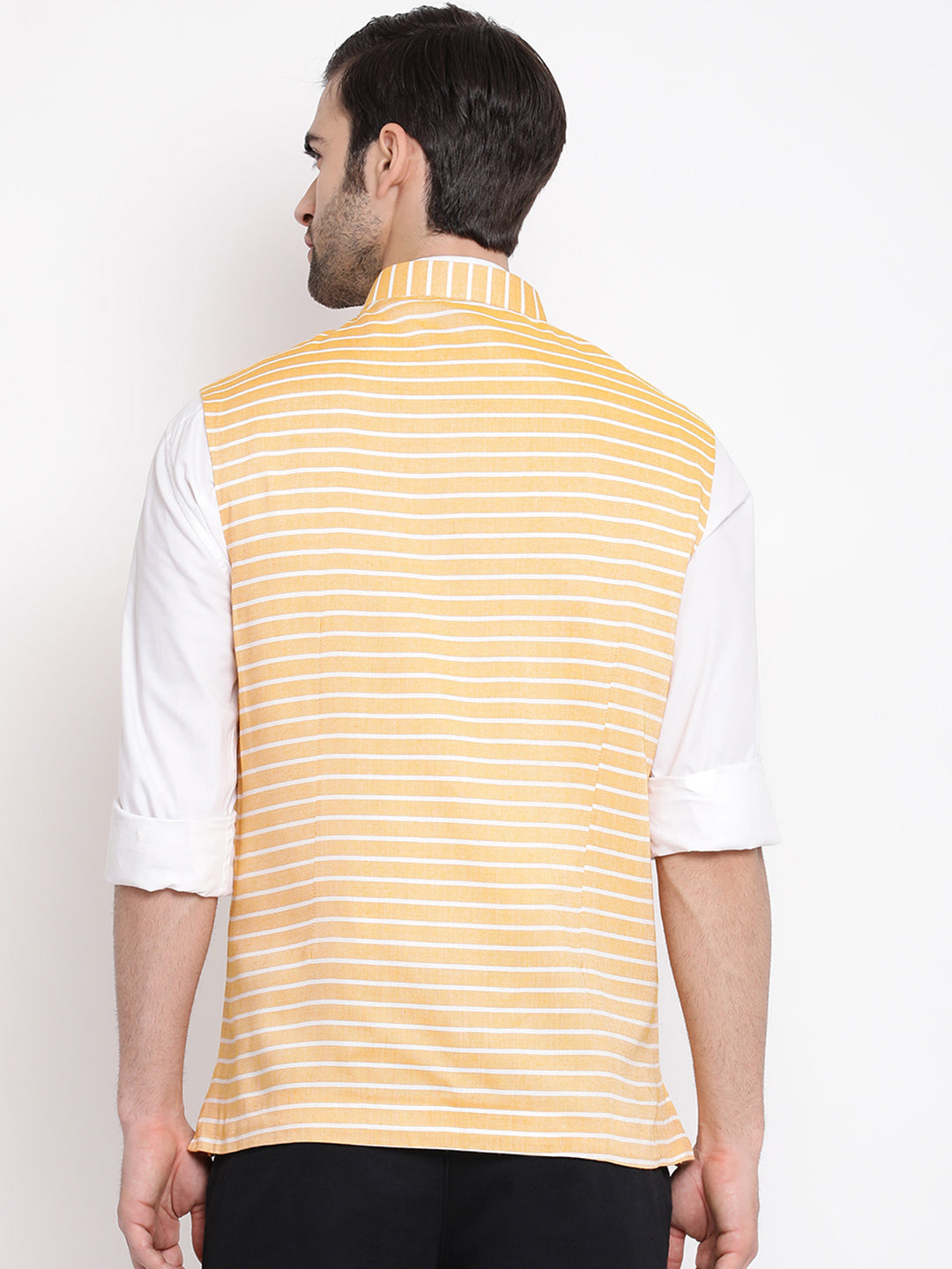 Vastramay  Men's Orange Stripes And Angrakha Pattern Classic Nehru Jacket