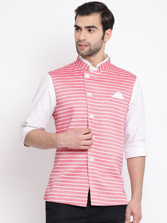 Vastramay  Men's Red Stripes And Angrakha Pattern Classic Nehru Jacket