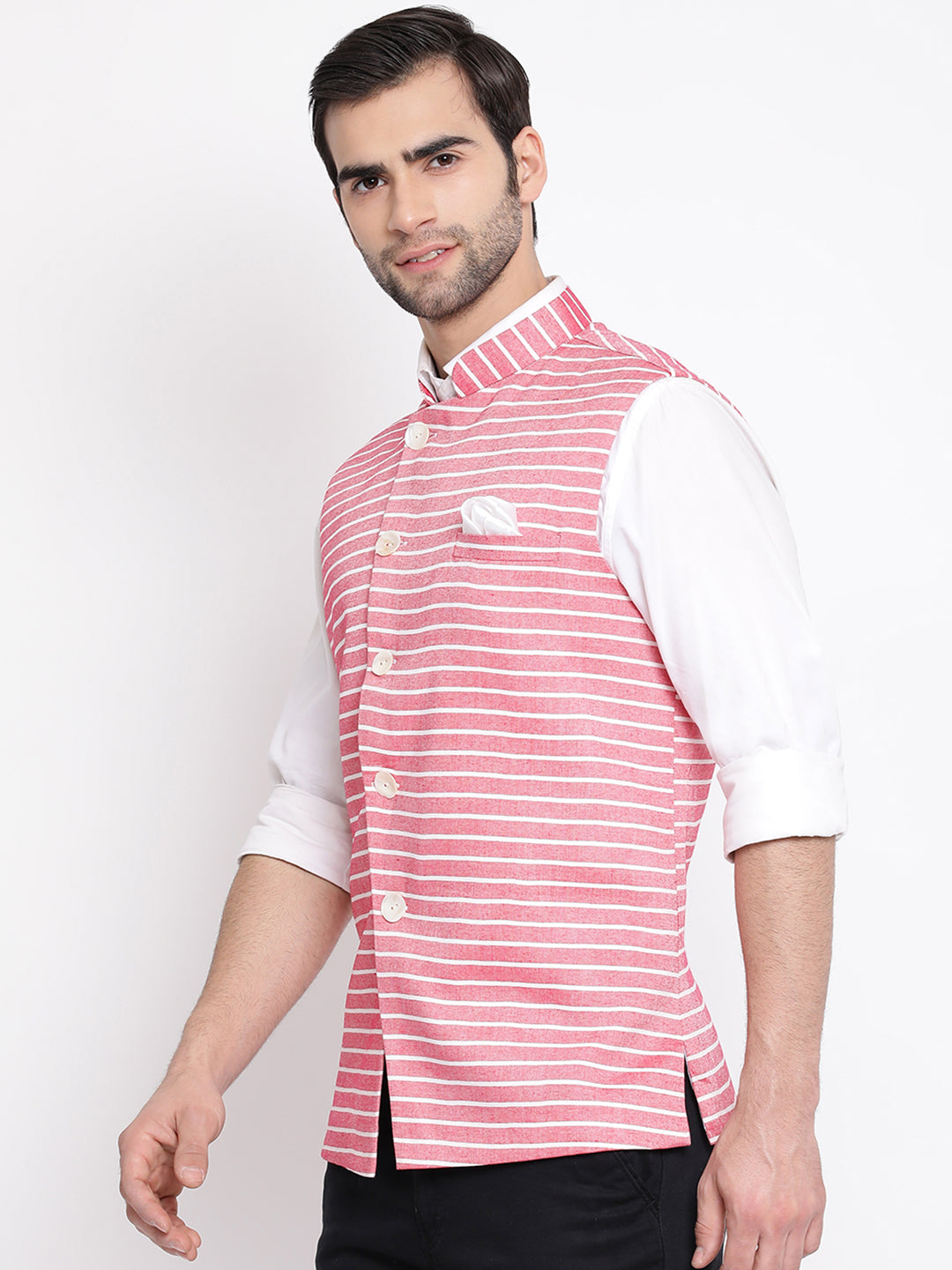 Vastramay  Men's Red Stripes And Angrakha Pattern Classic Nehru Jacket