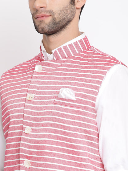 Vastramay  Men's Red Stripes And Angrakha Pattern Classic Nehru Jacket