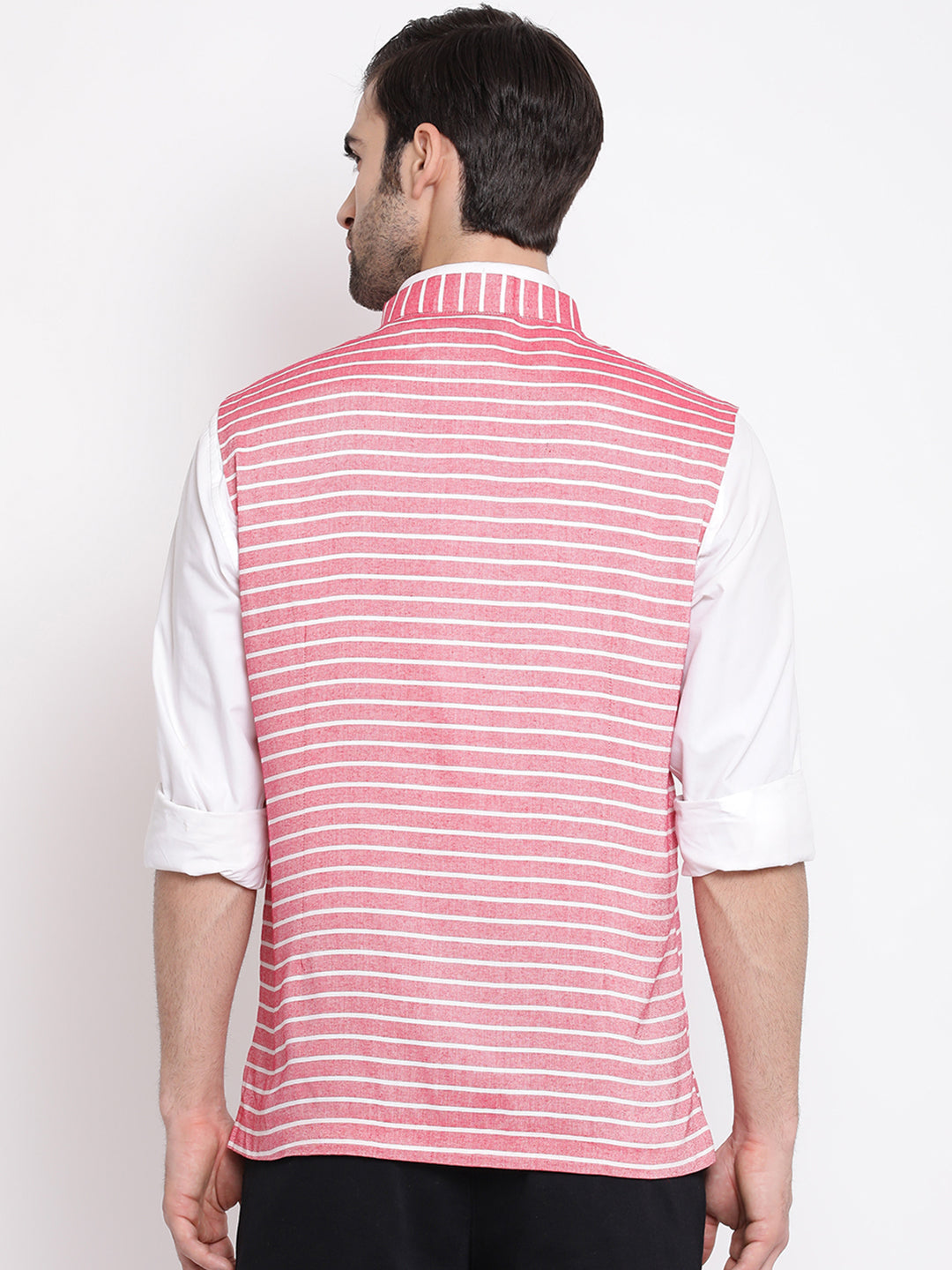 Vastramay  Men's Red Stripes And Angrakha Pattern Classic Nehru Jacket