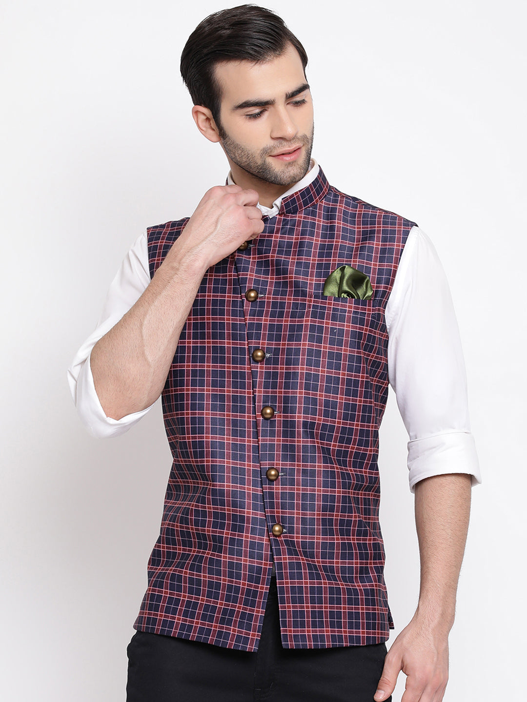 Vastramay  Men's Blue Checked And Angrakha Pattern Classic Nehru Jacket