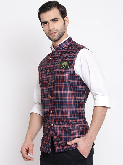 Vastramay  Men's Blue Checked And Angrakha Pattern Classic Nehru Jacket