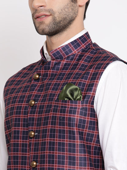 Vastramay  Men's Blue Checked And Angrakha Pattern Classic Nehru Jacket